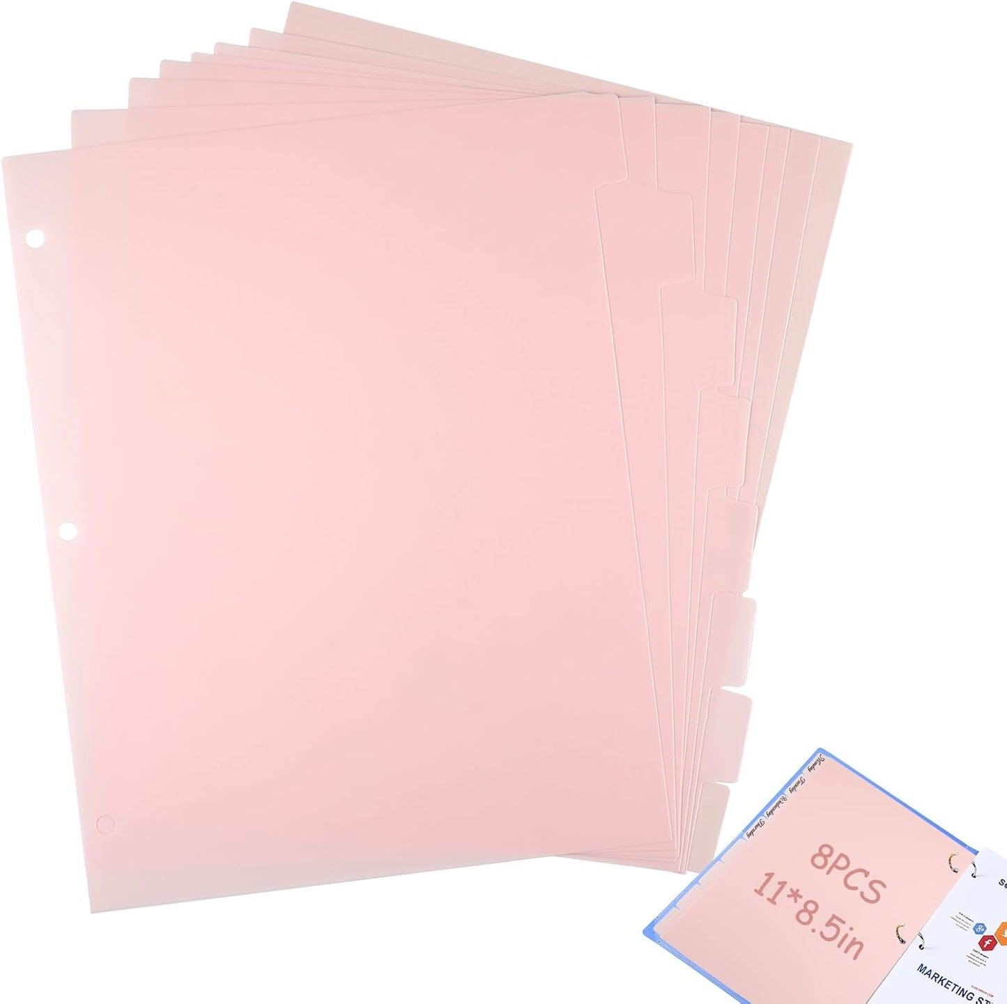8Pcs 3 Ring Pink Binder Dividers with 8 Tabs,A4 Sturdy Plastic Dividers Aesthetic Dividers for Binder,Insertable Pink Binder for Office Homework Notebook Binder Page Supplies