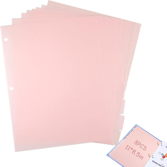 8Pcs 3 Ring Pink Binder Dividers with 8 Tabs,A4 Sturdy Plastic Dividers Aesthetic Dividers for Binder,Insertable Pink Binder for Office Homework Notebook Binder Page Supplies