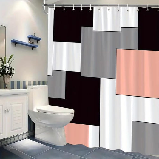 Modern Geometric Abstract Squares Shower Curtain - Black, White, Gray & Peach, Machine Washable, Contemporary Bath Decor 65x73in/165x185cm(WxH)