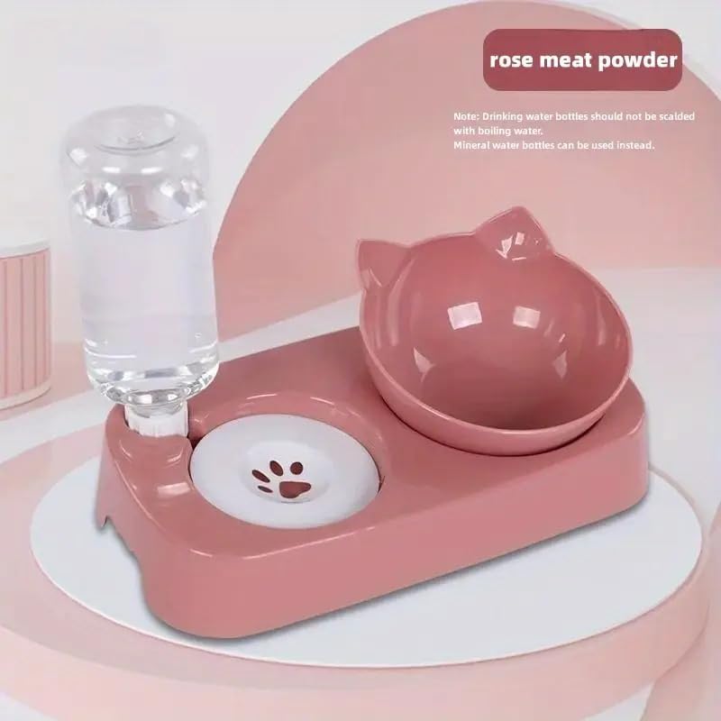 Cat Bowl, Cat Food and Water Bowl Set, 15 ° Tilted Cat Food Bowl, Cat Bowl with Automatic Water Dispenser Bottle, Detachable Wet and Dry Cat Dishs for Indoor Cats Small Dogs Puppy-Pink