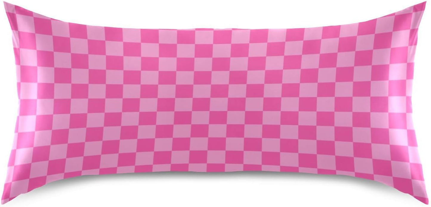 Pink Checkered Pillow Covers Silk Pillowcase for Hair and Skin Breathable Smooth Soft Satin Pillowcase King Size Pillow Case for Girls Women Bed Hot Sleepers (20x30 Inch)