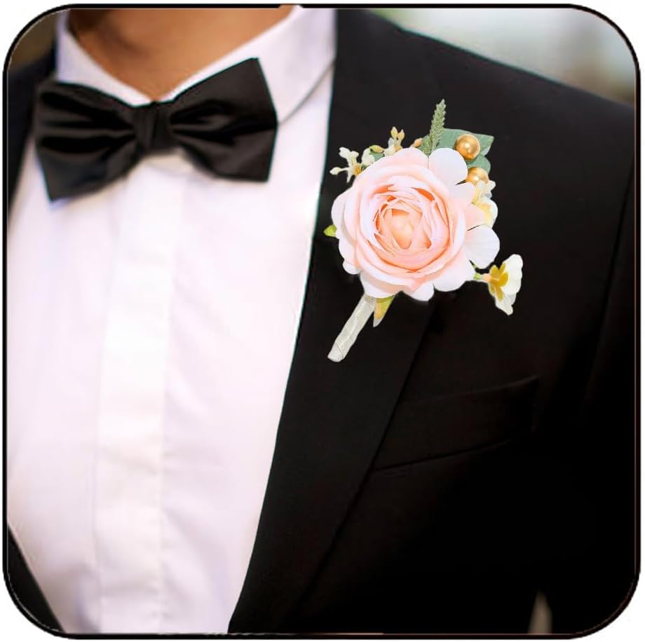 Bride Wedding Rose Boutonniere Groom Flower Buttonholes Prom Suit Decor for Men and Groomsmans (Pink)