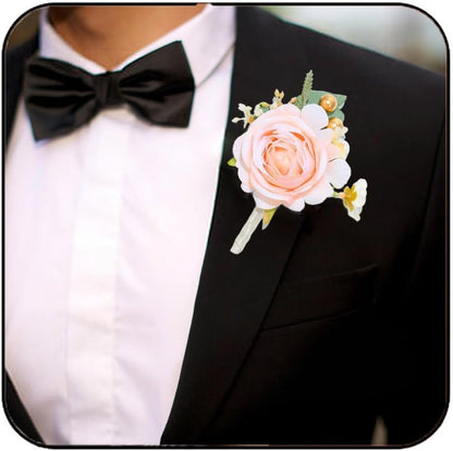 Bride Wedding Rose Boutonniere Groom Flower Buttonholes Prom Suit Decor for Men and Groomsmans (Pink)
