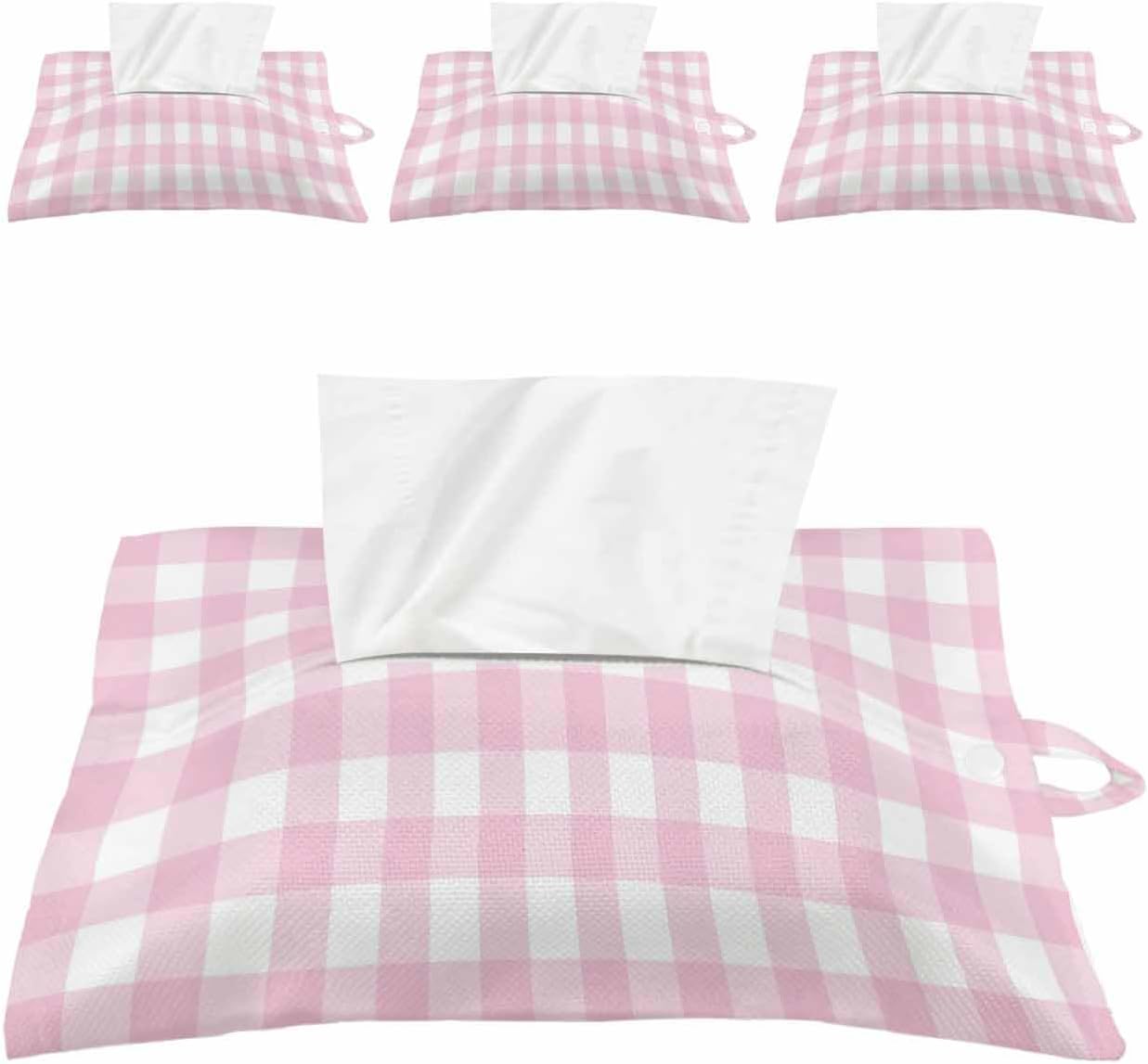 Tissues Box Cover Peach Pink Buffalo Checked Plaid Tissue Holder with Hanging Linen Organizer Dispenser Classic Grid Tissues Box Covers Rectangle for Bathroom Toilet Car Kitchen Tabletop Decor 4 PCS