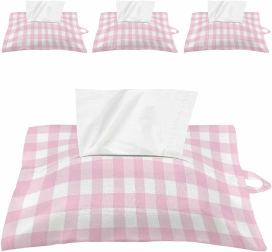 Tissues Box Cover Peach Pink Buffalo Checked Plaid Tissue Holder with Hanging Linen Organizer Dispenser Classic Grid Tissues Box Covers Rectangle for Bathroom Toilet Car Kitchen Tabletop Decor 4 PCS