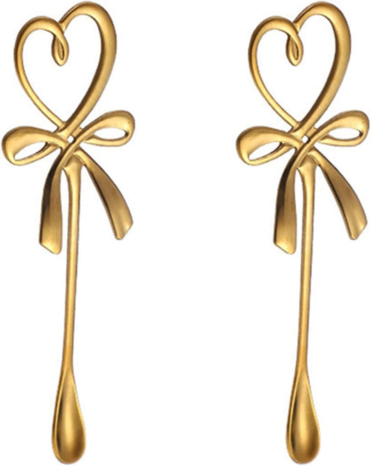 A pair Peach Heart Bow Shape Teaspoons 5.5" Coffee Spoons Stainless Steel Sugar Demitasse Espresso Spoons For travel (Gold)