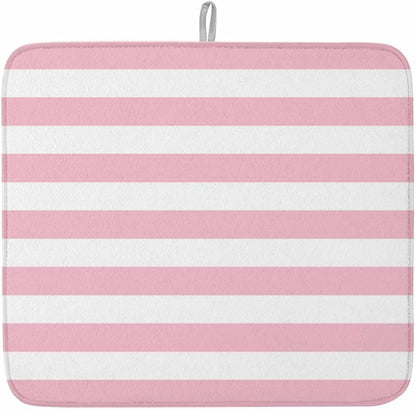 Dish Drying Mat Pink White Stripes Dish Drying Mats for Kitchen Counter Valentine's Day Absorbent Microfiber Dish Drying Mat Dish Rack Mat with Hanging Loop, Quick Drying Dish Mat 16*18in
