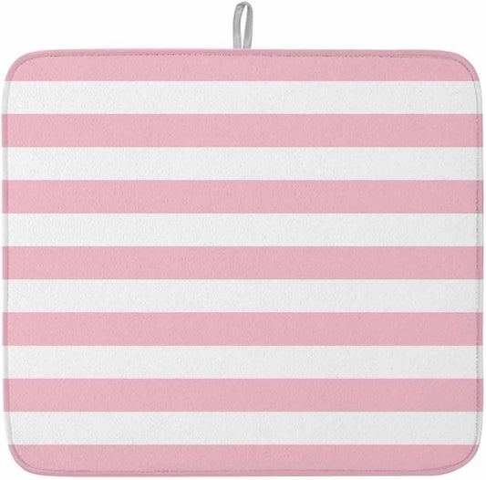 Dish Drying Mat Pink White Stripes Dish Drying Mats for Kitchen Counter Valentine's Day Absorbent Microfiber Dish Drying Mat Dish Rack Mat with Hanging Loop, Quick Drying Dish Mat 16*18in
