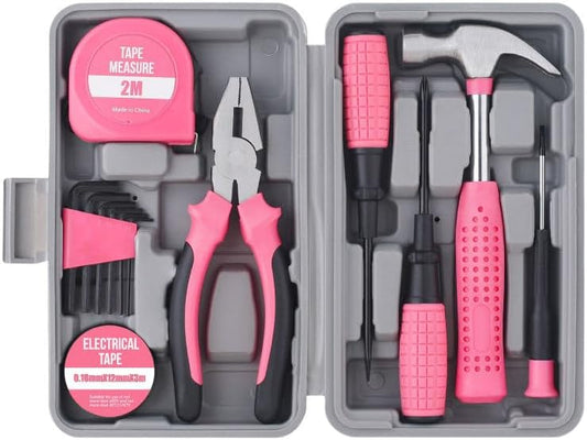NIVOLT 13 Piece Pink Tool Set for Women, Small Household DIY Hand Tool Kit with Hammer Pliers Screwdrivers, Basic Home Repair Starter Set with Storage Case for Renters Students Beginners
