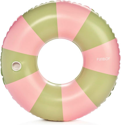 FUNBOY Giant Pink & Green Stripe Inflatable Pool Float with Cup Holder, 48" Adult Inner Tube Swim Ring Pool Lounger