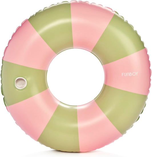 FUNBOY Giant Pink & Green Stripe Inflatable Pool Float with Cup Holder, 48" Adult Inner Tube Swim Ring Pool Lounger
