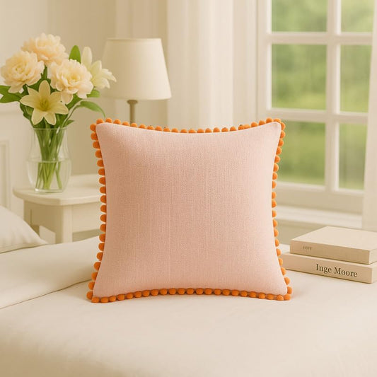 WWW.THROWPILLOW.IN Peach Cotton Basketweave All Round Pom-Pom Cushion Cover, Plain Woven Texture, Handmade for Boho, Cottagecore, Kids & Modern Minimalist Decor Square Sofa Cushion 16x16 Inches