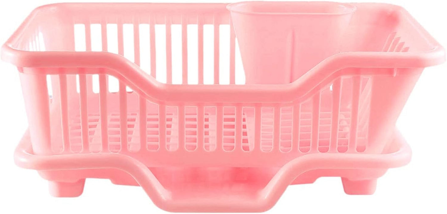 Environmental Plastic Kitchen Sink Dish Drainer Set Rack Washing Holder Basket Organizer Tray, 17.5 x 9.5 x 7INCH (Pink)