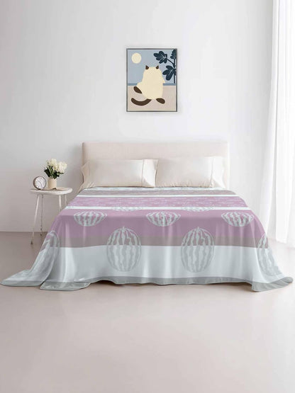 Twin XL Size Flat Sheet Only, Farm Fruits Soft Brushed Microfiber Bed Sheets, Watermelon Lemons Peach Pink Grey Striped Hotel Quality Breathable Bedding Top Sheet, Easy Care, 66"x102"