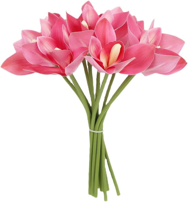 20Pcs Real Touch Artificial Fake Plants Silk Cymbidium Orchid Flowers Arrangements Wedding Bouquets Decorations Floral Table Centerpieces Home Kitchen Garden Party(Light Pink)