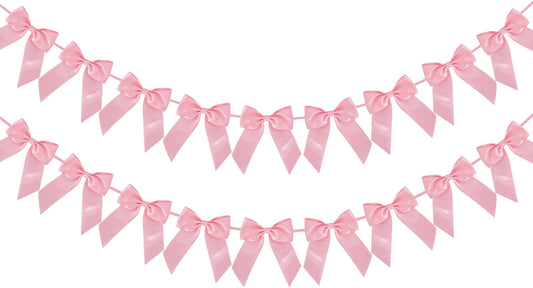 2 Strings of 18pcs Peach Pink Bow Garlands Banner Decoration,Pre-Strung Satin Ribbon for Girl Birthday Anniversary Bridal/Baby Shower Wedding Bachelorette Party Graduation Party Supplies