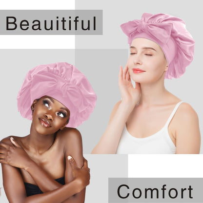 VECIIR Silk Bonnet for Sleeping Women, Ajustable Hair Bonnet for Curly Hair with Tie Band Shower Caps Pink，Large
