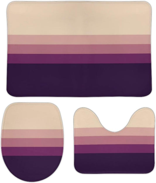 3 Pieces Bath Rug Sets, Light Grey Pink Purple Stripes Non-Slip Absorbent Bathroom Mats with U-Shaped Contour Rug & Toilet Lid Cover
