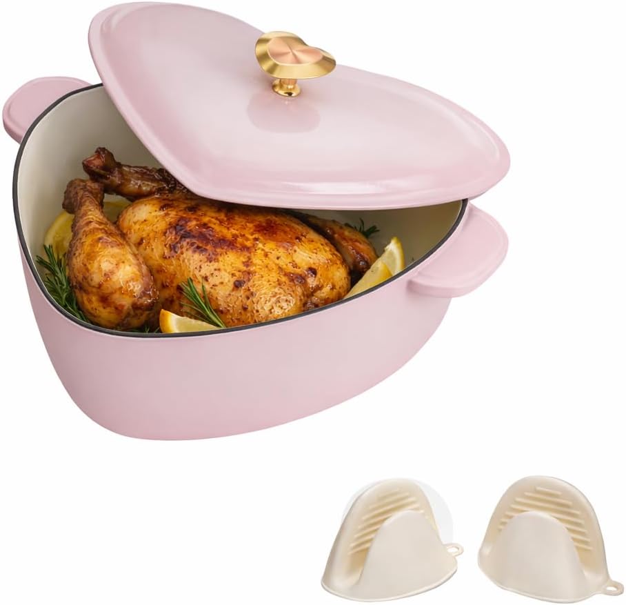 Enameled Cast Iron Heart-Shaped Pot with Lid, Dual Handles, Works on All Stovetops, Oven Safe to 500°F, 4-Quart, Pink,Include Two Silicone Oven mitts