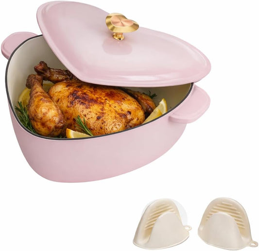 Enameled Cast Iron Heart-Shaped Pot with Lid, Dual Handles, Works on All Stovetops, Oven Safe to 500°F, 4-Quart, Pink,Include Two Silicone Oven mitts