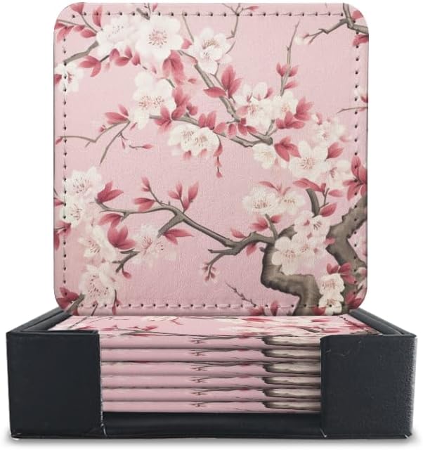 PU Leather Coasters for Drinks Bar Beer,Set of 6 with Holder,Square Housewarming Gift,Pink Flower in The Style of Chinese Art