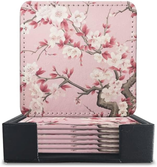 PU Leather Coasters for Drinks Bar Beer,Set of 6 with Holder,Square Housewarming Gift,Pink Flower in The Style of Chinese Art