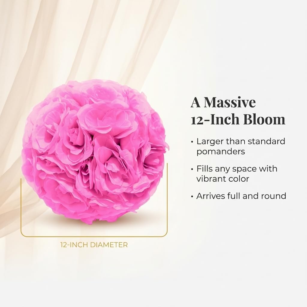 TCDesignerProducts Pink Silk Rose Kissing Ball, 12" Floral Hanging Decoration, Elegant Wedding Aisle Décor, Centerpiece Accent, Bridal & Baby Shower, Holiday & Home Display, Artificial Flower Ball