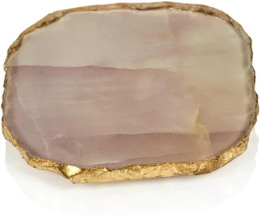 Zodax Simulated Agate Marble Glass Coaster with Gold Rim - Set of 4 (Pink)