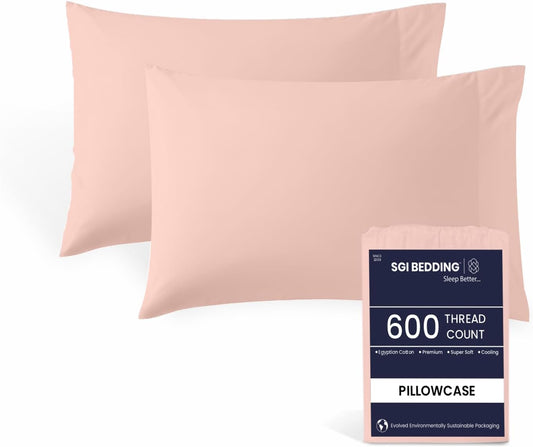 SGI Bedding 100% Egyptian Cotton Queen Set of 2 Pillowcases - 600 Thread Count, Open End Closure, Soft & Silky Sateen Weave, Breathable & Durable, Luxury Hotel Quality (20" x 30") - Peach