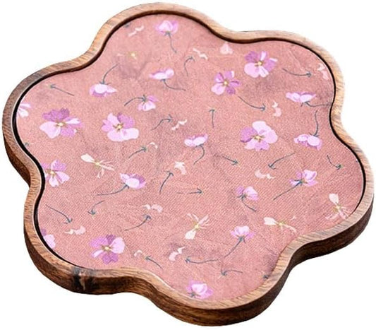 Floral Retro Wood Serving Tray, Flower Shape Handmade Walmut Wooden Table Tray for Coffee Bread, Fruits, Tea, Vintage Home Decor (Pink)
