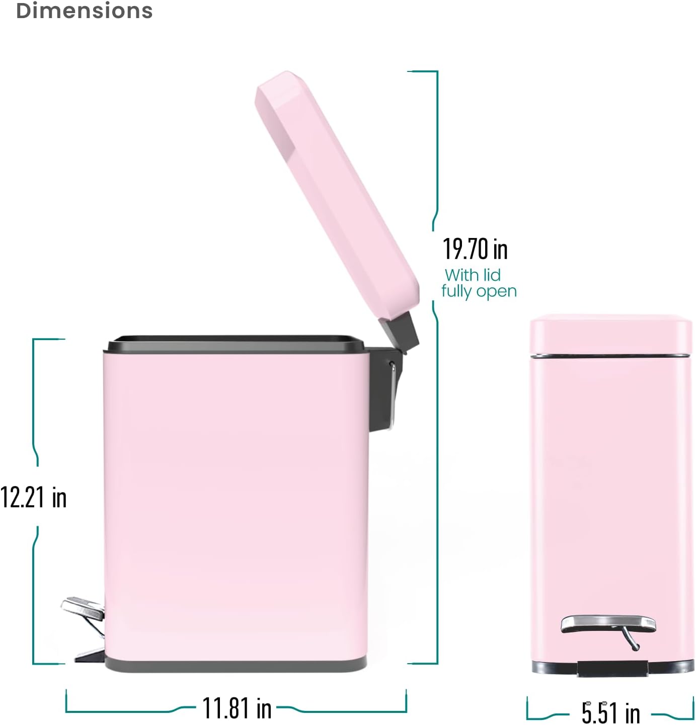 Home Zone Living 1.3 Gallon Small Bathroom Trash Can with Lid and Step Pedal, Stainless Steel Wastebasket with Slim Design for Home and Office, Matte Pink, 5 Liters