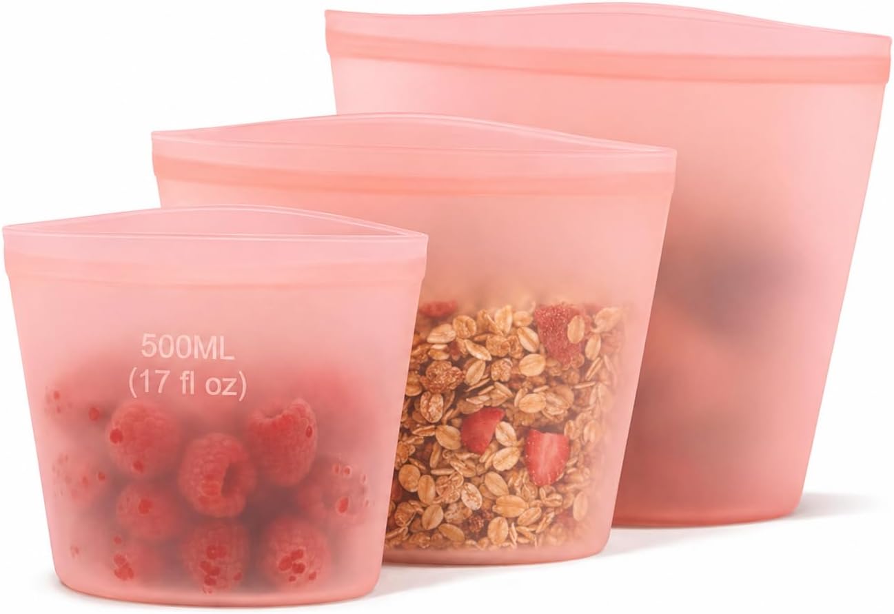 Reusable Silicone Food Storage Bags (3-pack) – Leakproof, Freezer & Microwave Safe, Stand-Up Design – Eco-Friendly, BPA Free Containers for Meal Prep & Storage (Pink)