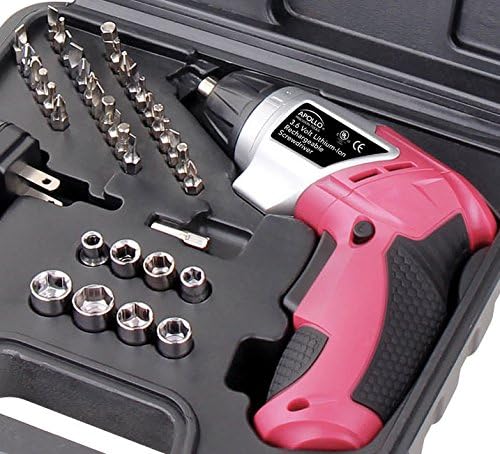 Apollo Tools Lightweight Cordless Screwdriver Set Includes Rechargeable 3.6 Volt Li-ion Screwdriver and 45 Piece Accessory Set in Black Carrying Case- Pink Ribbon- Pink - DT4944P