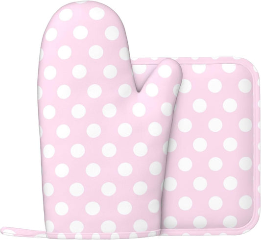 Light Pink Polka Dot Print A Oven Mitts and Pot Holders Sets with 1 Left Silicone Oven Mitts and 1 Heatproof Insulated Hot Pads for Kitchen Use in Baking Cooking Grilling