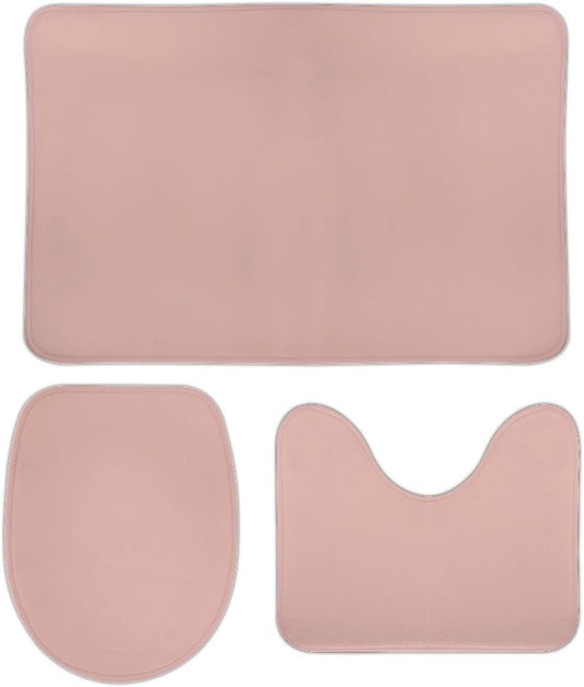 3 Pieces Bath Rug Set, Dusty Rose Pale Pink Solid Trend Color Bathroom Mat Set Non Slip & Absorbent Bath Carpet, U Shaped Contour Rug & Toilet Lid Cover