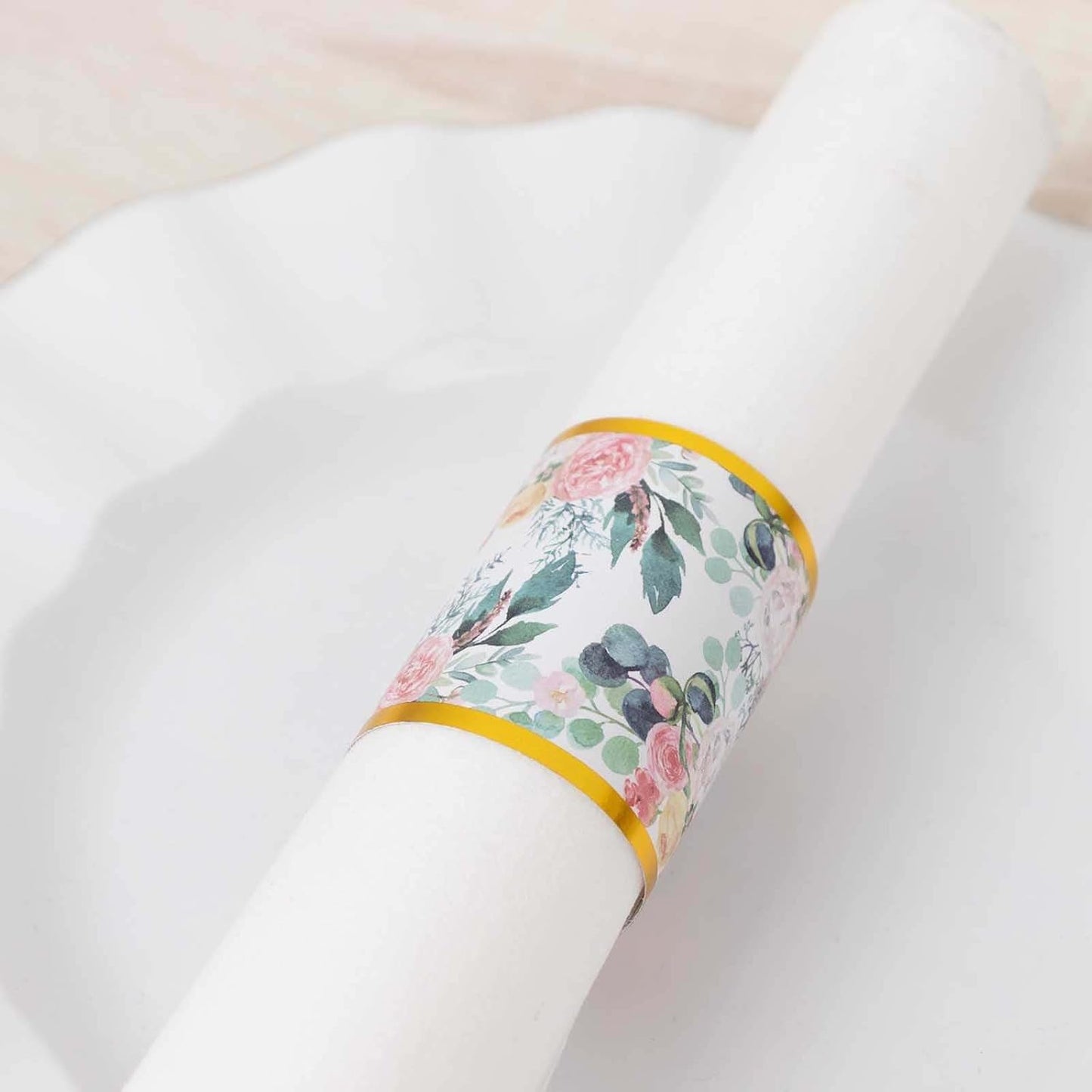 Efavormart 50 Pack Pink Peony Floral Paper Napkin Rings with Gold Edge, Disposable Napkin Holders Bands - 1.5"