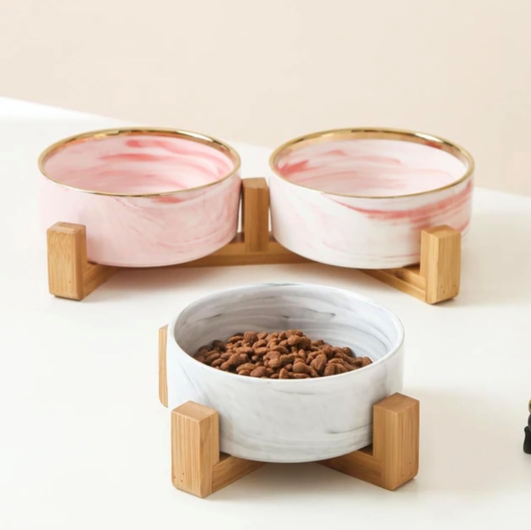 Ceramic Pet Bowl (Marble Design) Set of 2 with Stand, 2cups and 4 Cups Capacity (Marble Pink w/Gold, Small, 2 Cups per Bowl)