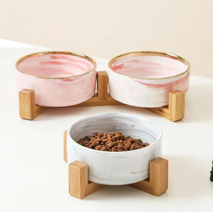 Ceramic Pet Bowl (Marble Design) Set of 2 with Stand, 2cups and 4 Cups Capacity (Marble Pink w/Gold, Small, 2 Cups per Bowl)