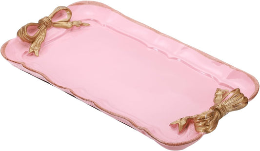 PATIKIL Vintage Decorative Tray Towel Tray, Storage Tray Dish Plate Fruit Trays Cosmetics Jewelry Organizer Retro Design Bow-Knot Rectangle Resin Plate for Room Decorative Gift, Pink