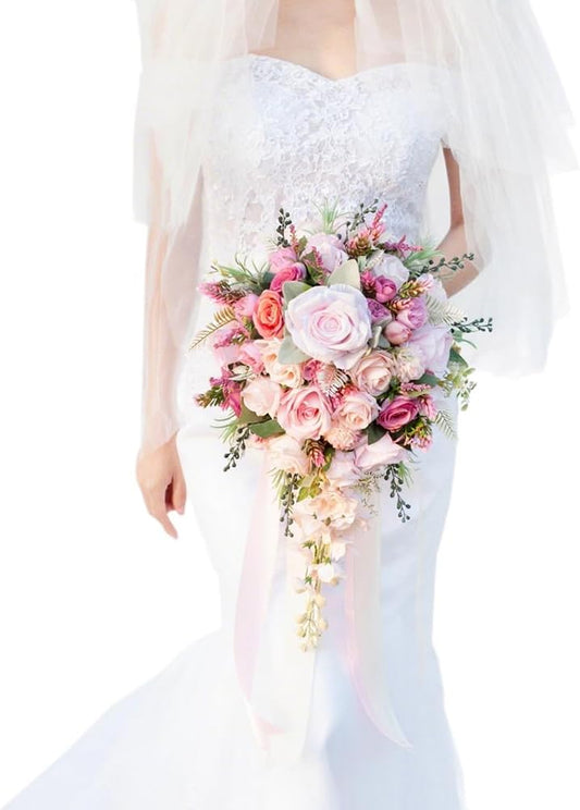 12 Inch Cascade Wedding Bouquets for Bride, Fuchsia & Pink Cascading Bridal Bouquet for Wedding Silk Artificial Flowers