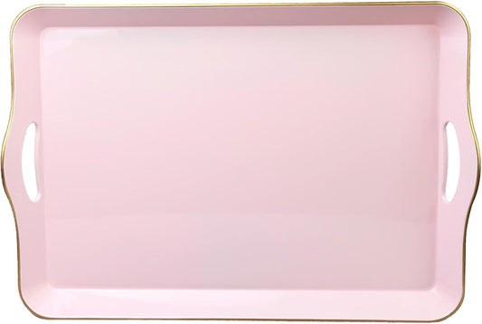 Pink Decorative Tray for Coffee Table with Handles, Plastic Rectangular Serving Tray for Living Room, Bathroom, Outdoors, 11.8"*17.3"