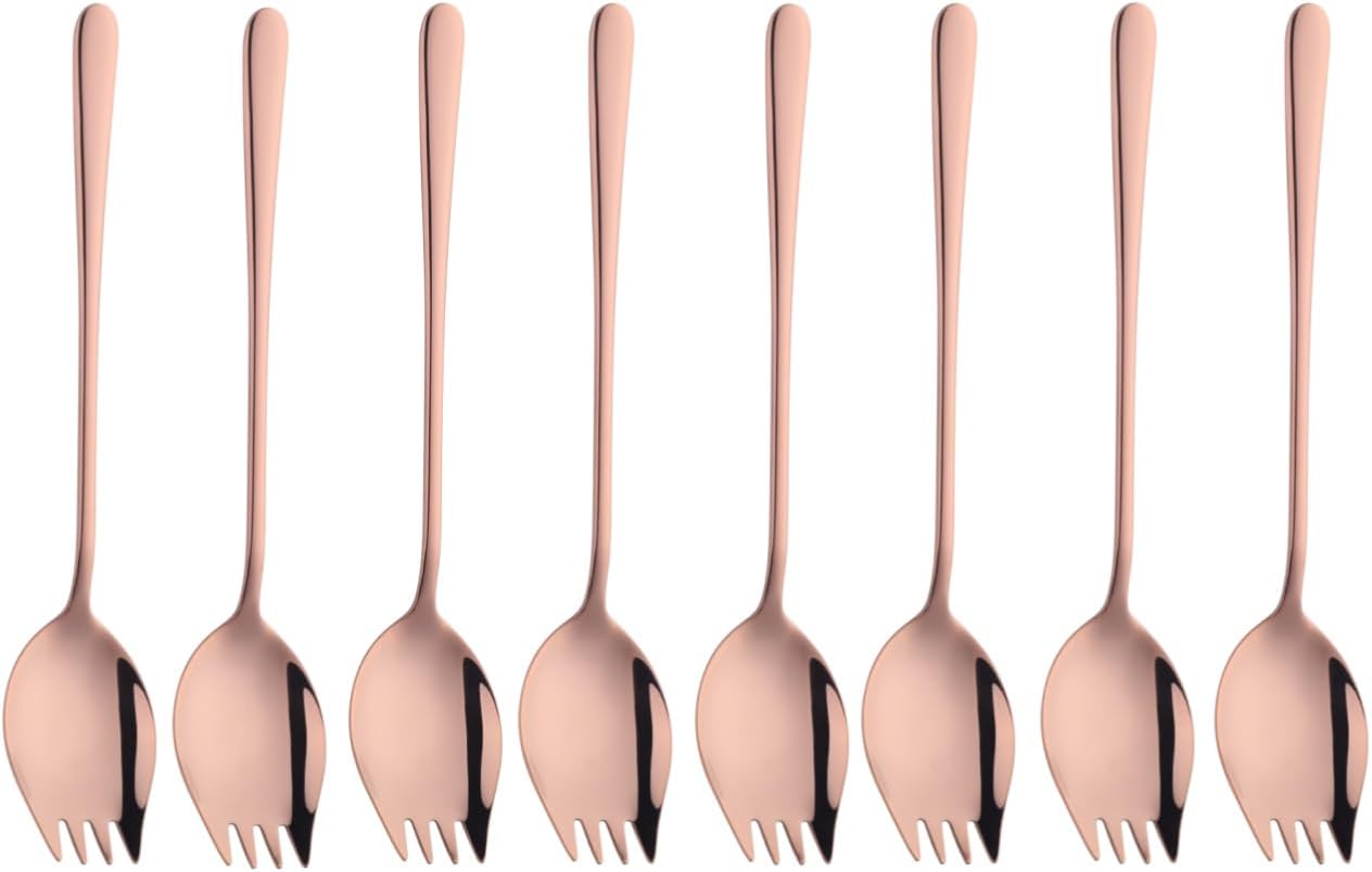 Buyer Star 8-Pack Set Stainless Steel Sporks, 8.46 Inches Salad Forks For Dessert, Ice Cream, Salad, Soup, Noodle, Spaghetti, Dishwasher Safe (Rose Gold)