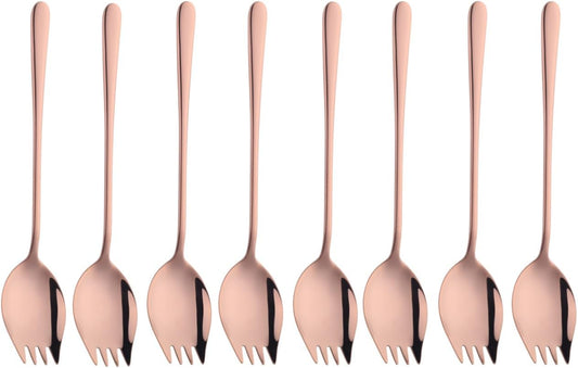 Buyer Star 8-Pack Set Stainless Steel Sporks, 8.46 Inches Salad Forks For Dessert, Ice Cream, Salad, Soup, Noodle, Spaghetti, Dishwasher Safe (Rose Gold)