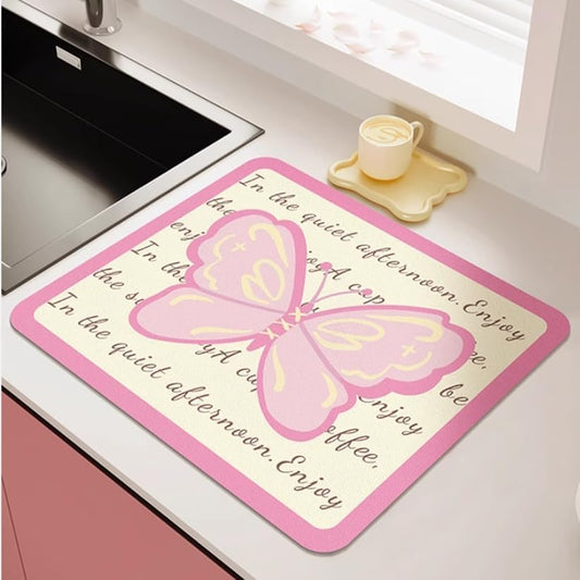 Dish Drying Mat for Kitchen Counter, Butterfly Pink Heat Resistant Home Coffee Pad Fit Under Sink,Bar,Table,Kitchen Accessories (PINK,11.8"x15.7")