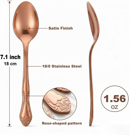 7.1-Inch Matte Rose Gold Dinner Spoons Set of 12, 430 Stainless Steel Satin Finish Soup Spoons, Rose Pattern Heavy Duty Silverware Spoon Set, Dishwasher Safe for Home, Restaurant & Camping