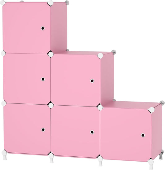 Cube Storage Organizer, 6-Cube Shelves Unit with Doors, DIY Stackable Plastic Clothes Organizer for Bedroom and Under Stairs Storage Unit, Each Compartment 30 x 30 x 30 cm Pink