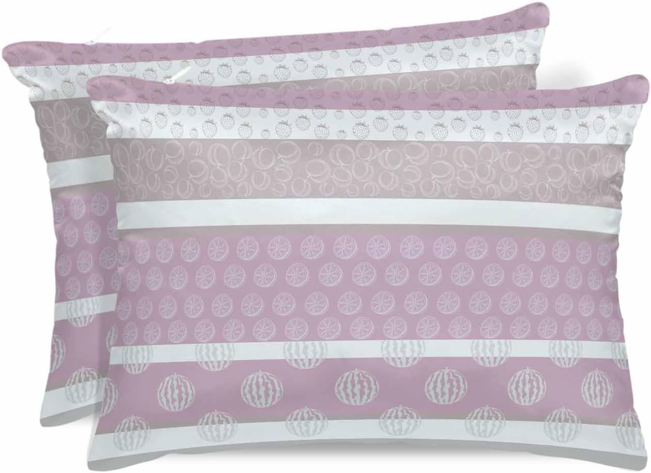 Farm Fruits Pillow Cases Standard Size Set of 2, Satin Pillowcase for Hair and Skin, Watermelon Lemons Peach Pink Grey Striped Throw Pillow Covers Cooling Pillow Protector with Zipper 20"x26"x2