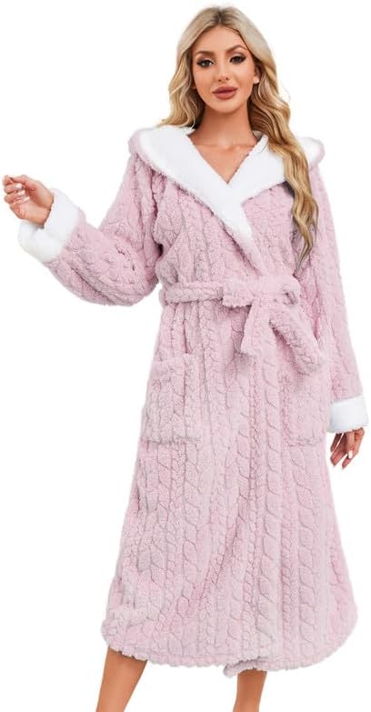 LYCY Womens Plush Hooded Robe, Soft Fluffy Womens Fleece Robe Long Warm Bathrobes for Women