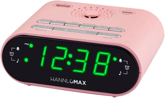 HANNLOMAX HX-158CR Alarm Clock Radio, FM Radio, 0.7" LED Display, 1 USB Port for 1A Charging & 1 USB Port for 2.4A Type-C Charging, AC Operation only (Pink)