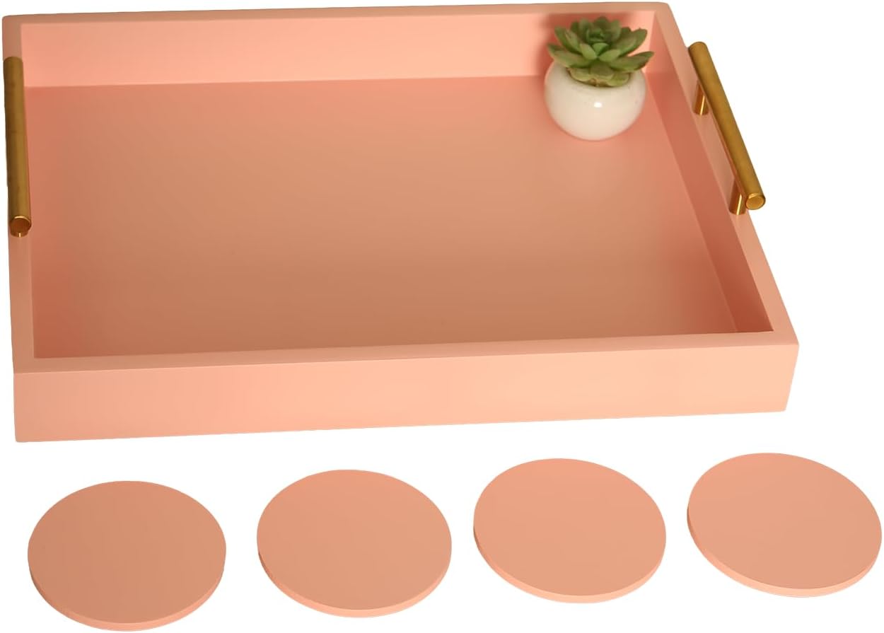 Serving Tray 16.5“X 13“ Deluxe Wooden Ottoman Tray, Food Tray for Eating, Dinner Trays for Eating on Couch Coffee Table with Polished Gold Metal Handles-4 Round Coasters Included（Pink）